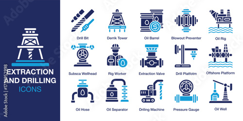 Extraction and Drilling Icon set. Containing  oil, fuel, derrick, drill, petroleum, gasoline and more. Solid vector icons collection. Vector illustration.