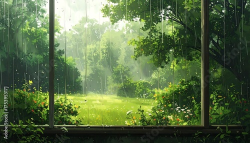 Fototapeta Naklejka Na Ścianę i Meble -  View of a lush green garden through a rain-streaked window