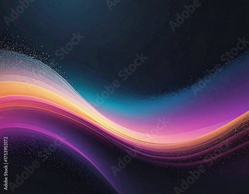 Abstract artwork featuring a dynamic flow of colorful wavy ribbons against a dark backdrop