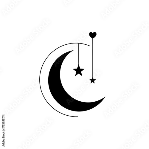 Crescent moon with stars and heart design on transparent background silhouette