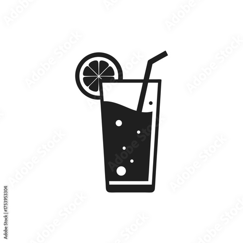 Illustration of a glass with lemon and straw on transparent background silhouette