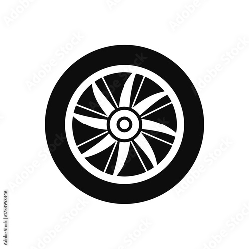 A black and white car wheel vector image on transparent background silhouette