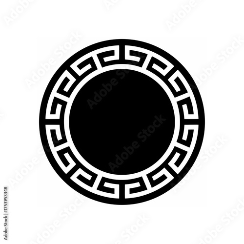 Black circle with white greek key border on transparent background silhouette