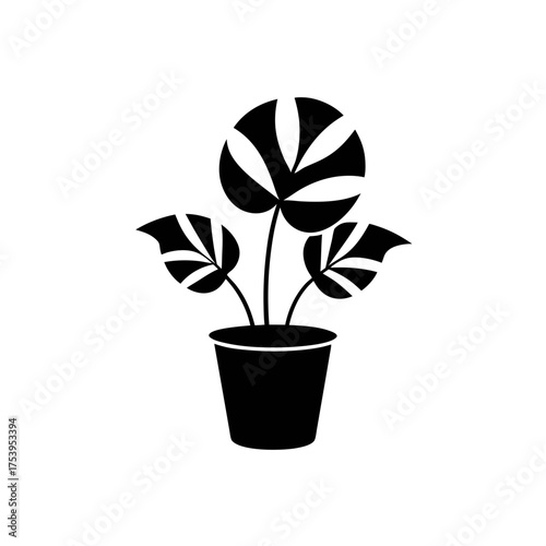 Silhouette of a potted plant with leaves on transparent background