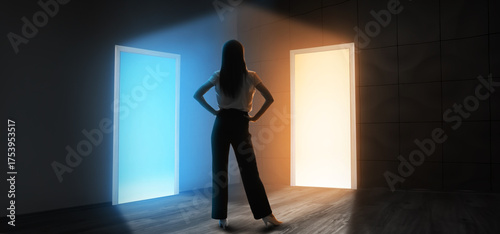 a woman confuse to make decision, two different doors