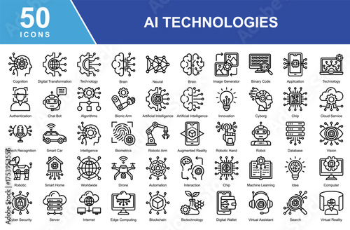 Artificial Intelligence Technologies icon set featuring icons for AI, machine learning, automation, big data, and cybersecurity. Perfect for tech, robotics, and data-driven innovation projects.