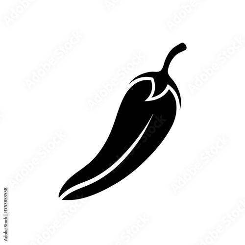 Illustration of a single black chili pepper on transparent background silhouette