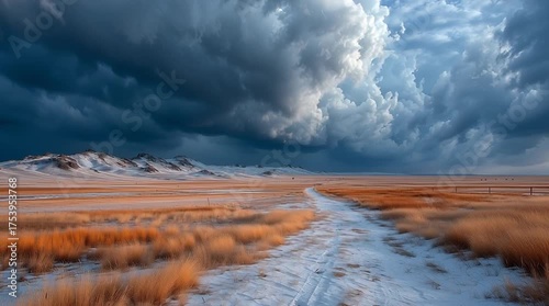 Storm Clouds Over a Snowy Golden Prairie