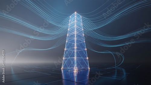 Futuristic Network Tower Digital Data Flow