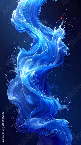 Abstract artwork featuring a fluid, vibrant blue shape twisting and splashing against a dark backdrop