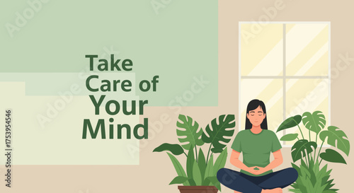 Peaceful home meditation space with plants, symbolizing self-care and mental wellness, Depression awareness 