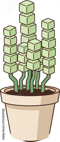 Illustration of stacked cube-shaped plants in a light-colored pot cube plant geometric plant