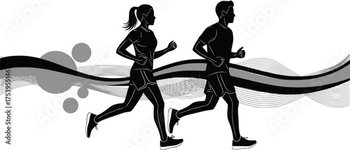 Running man and woman, isolated vector silhouettes. Run, side view. Silhouettes of athletic looking male and female runners running. EPS 10 version.