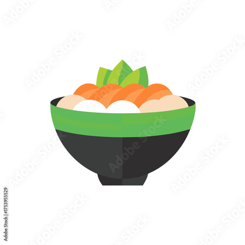 Vector sushi bowl icon, black bowl with green stripe, salmon sashimi