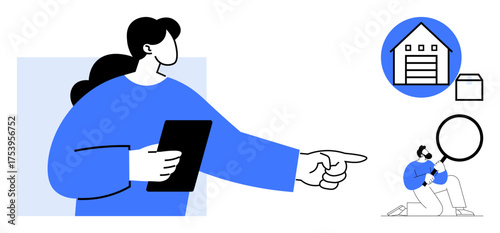 Woman with tablet pointing towards house and document icons with a figure examining a magnifying glass. Ideal for research, real estate, navigation, communication, decision-making, analysis, simple