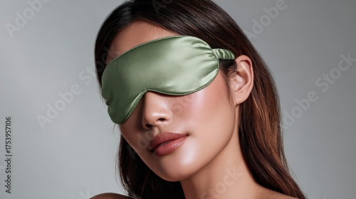 Asian Woman in Sage Green Satin Sleep Mask