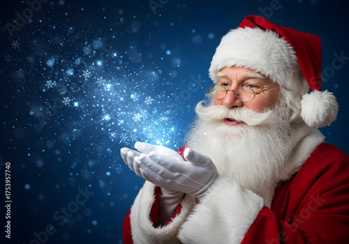 Santa Claus conjures magical snowflakes from his open hands on a starry night