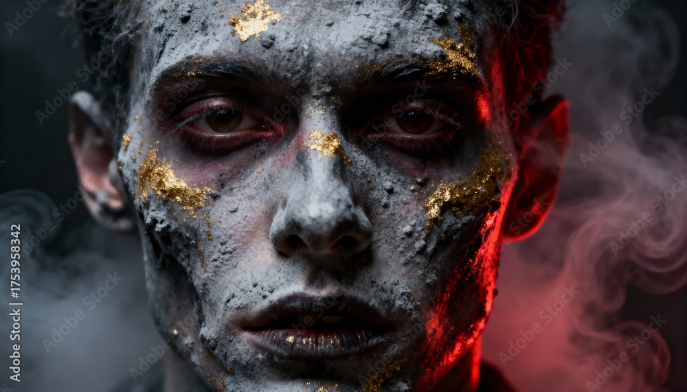 Fototapeta premium Closeup portrait of a man with a decaying face covered in ash and gold flakes, with smoke surrounding him
