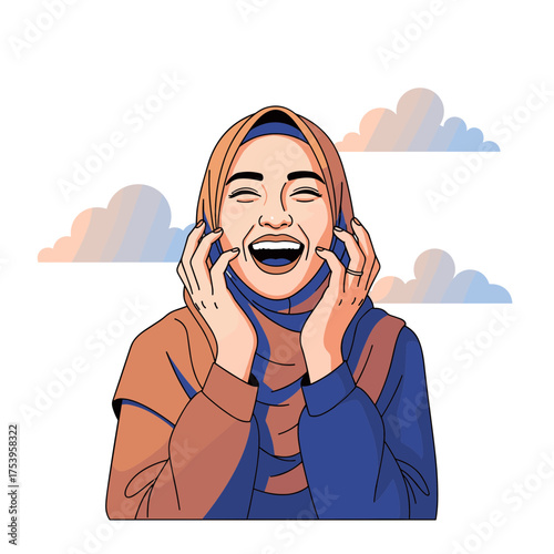 Animated Muslim Woman in Hijab Laughing and Holding Face, Full of Unbridled Joy and Amusement.