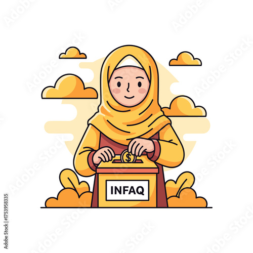 Muslim Woman Donating Coins into an "Infaq" Box, Symbolizing Charitable Giving in Islam.