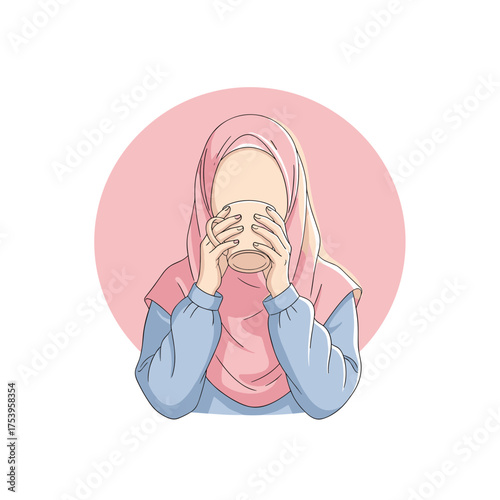 Shy Muslim Woman in Hijab Holding a Cup, Partially Concealing Her Face in a Quiet Moment.