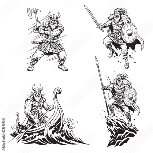 Set of dynamic Viking warrior illustrations with axes, swords, and shields, ideal for historical or mascot designs.