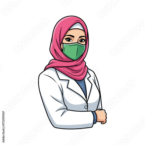 Professional Hijabi Doctor or Nurse Wearing a Face Mask, Healthcare Worker