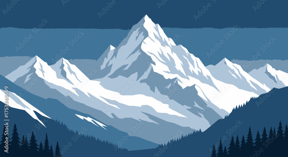 Fototapeta premium Serene mountain range illustration with snow-capped peaks, perfect for travel brochures, outdoor adventure promotions, and landscape design projects.