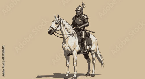 Medieval Knight on Horseback, Full Armor, Historical Illustration Depicting Chivalry, Nobility, and Equestrianism for Historical Education and Fantasy Art Projects