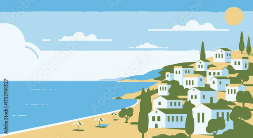 Picturesque Coastal Village Illustration for Travel Brochures and Vacation Planning, Showcasing Serene Beachfront Scenery and Mediterranean Architecture
