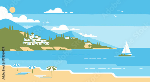 Serene Coastal Landscape Illustration with Sailboat and Mediterranean Village, Ideal for Travel, Tourism, and Vacation-Themed Digital and Print Media