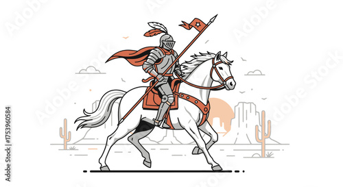 Noble Knight Riding a Majestic White Horse Across a Desert Landscape, Ideal for illustrating historical fiction, fantasy stories, or themed event promotions.