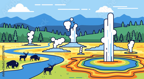 Illustrated Yellowstone National Park Landscape Featuring Geysers, Wildlife and Rivers for Travel and Environmental Awareness Campaigns