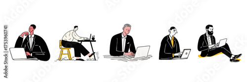 Creative doodle illustration of businessmen working on laptops in modern office settings