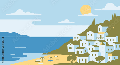 Serene seaside village illustration featuring white buildings, sandy beach, and azure sea. Ideal for travel promotions, tourism brochures, or Mediterranean-themed design projects.
