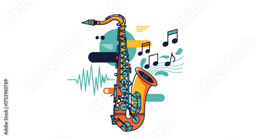Vibrant Saxophone Illustration with Musical Notes and Dynamic Elements for Creative Music Projects and Artistic Designs