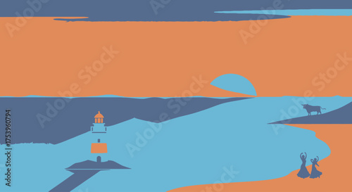Minimalist Coastal Landscape Illustration in Blue and Orange with Lighthouse, Animals, and Sunset Silhouette, Suitable for Travel and Tourism Marketing