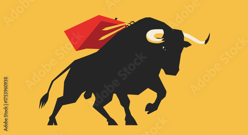 Bold Silhouette of a Raging Bull with a Red Cape, Ideal for Symbolizing Strength, Determination, and Spanish Culture in Graphic Design Projects