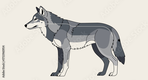 Animated Gray Wolf Illustration Standing Profile for Educational Purposes, Wildlife Conservation, or Children's Book Illustration, showcasing the animal's natural beauty