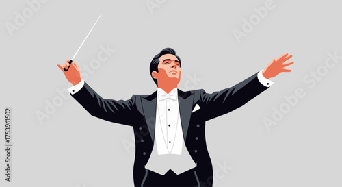Dynamic Illustration of a Conductor Leading an Orchestra with Passion and Precision for use in music education materials or promoting classical music events.