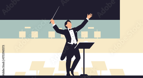 Orchestral Conductor Directing a Symphony Performance, Ideal for Illustrating Classical Music, Artistic Performances, or Cultural Events and Music Education