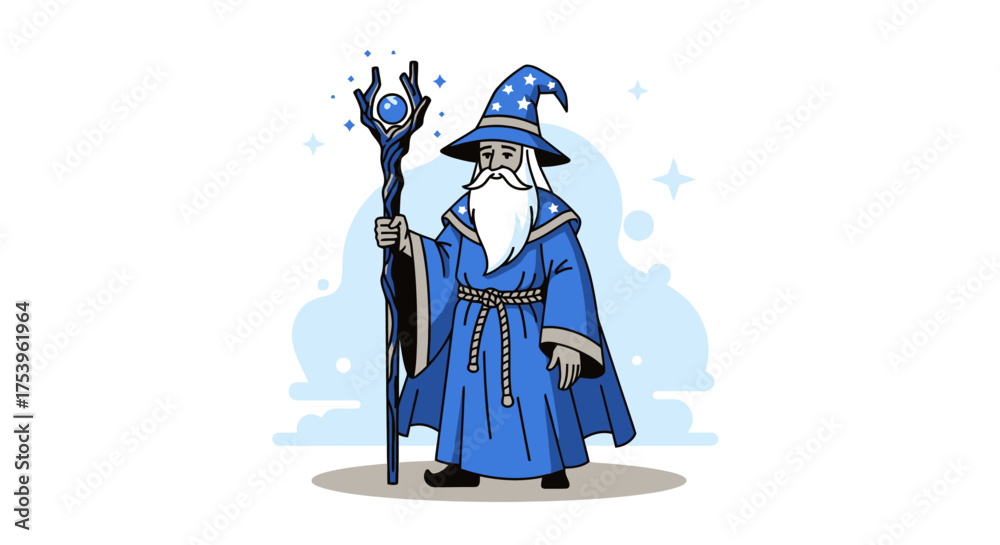 Obraz premium Cartoon Wizard Character Illustration Wearing Blue Robe and Pointed Hat, Holding Magic Staff. Ideal for Fantasy Game Design, Children's Book Illustration, or Creative Project Elements.