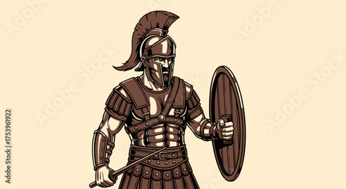 Illustrated Spartan Warrior Ready for Battle, Featuring Traditional Armor and Shield, Ideal for Historical Education, Gaming Assets, and Ancient Warfare Depictions