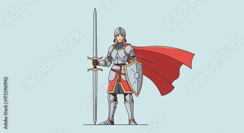 Medieval Knight Character Illustration Standing Guard with Sword and Shield. Suitable for historical fiction, fantasy game design, and educational resources