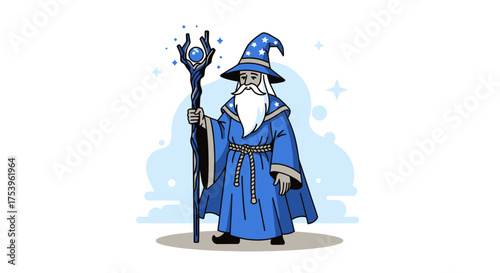 Cartoon Wizard Character Illustration Wearing Blue Robe and Pointed Hat, Holding Magic Staff. Ideal for Fantasy Game Design, Children's Book Illustration, or Creative Project Elements.