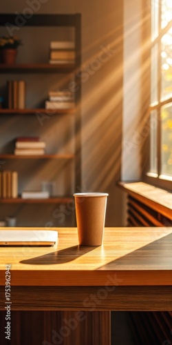 Autumn leaves and Morning light concept. Warm sunlight streams through a window, illuminating a coffee cup on a wooden table in a cozy space.