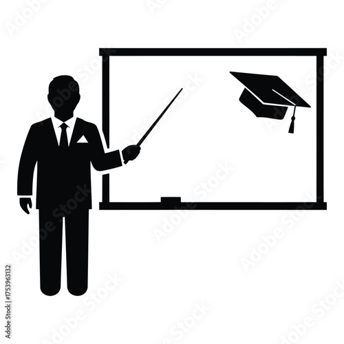 Teacher pointing at graduation cap on whiteboard silhouette isolated on white background
