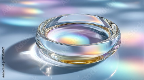 Iridescent glass bowl reflecting rainbow colors in soft light minimalist still life