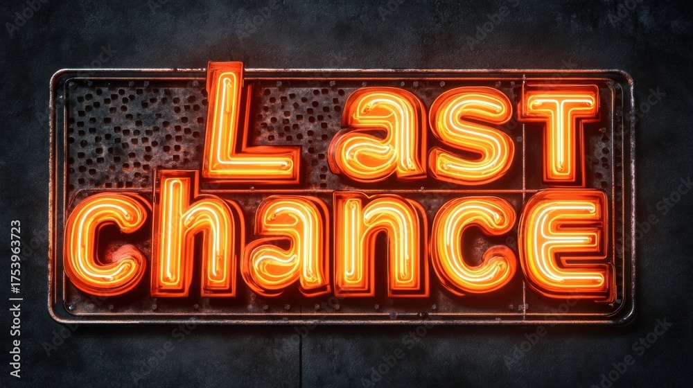 Obraz premium Neon sign Last Chance in bright glow on dark background, creating urgency glowing text against