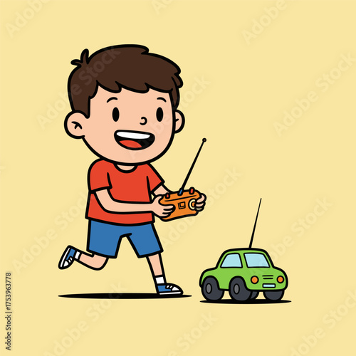 A happy cartoon boy is running and playing with a green remote-controlled (RC) car using a controller.